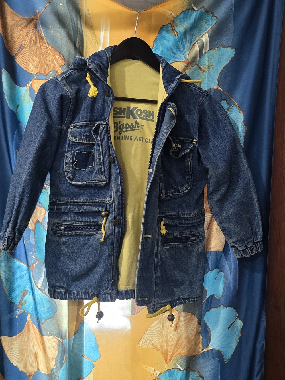 Vintage OshKosh B'gosh Boys' Hooded Denim Jacket with Yellow Accents